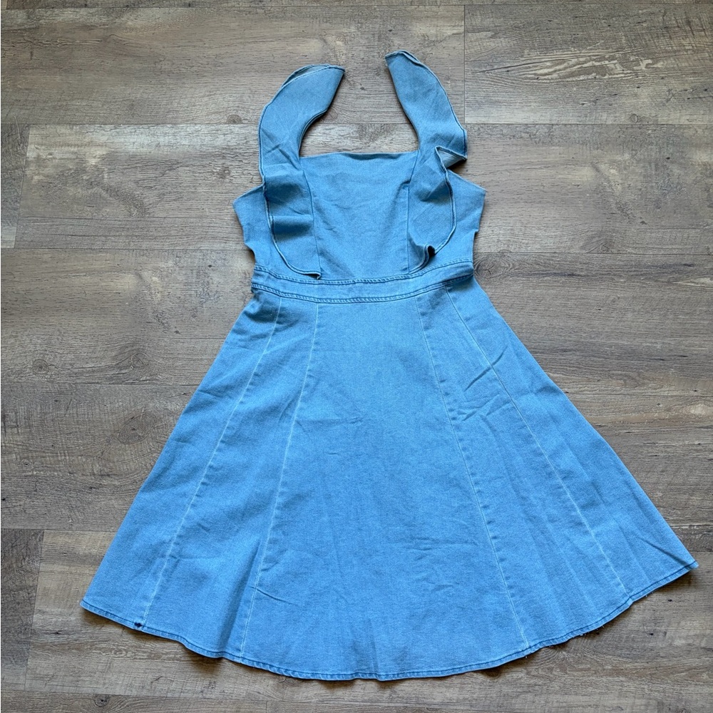 Light Wash Denim Fit & Flare Dress | Square Neck | Ruffle Sleeve | Size M- NWOT